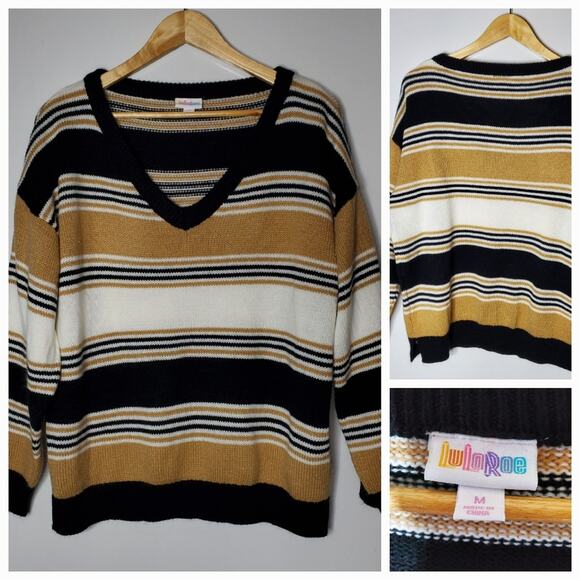Lularoe natural striped stretchy knit front V-neck Torrie sweater - Picture 1 of 10